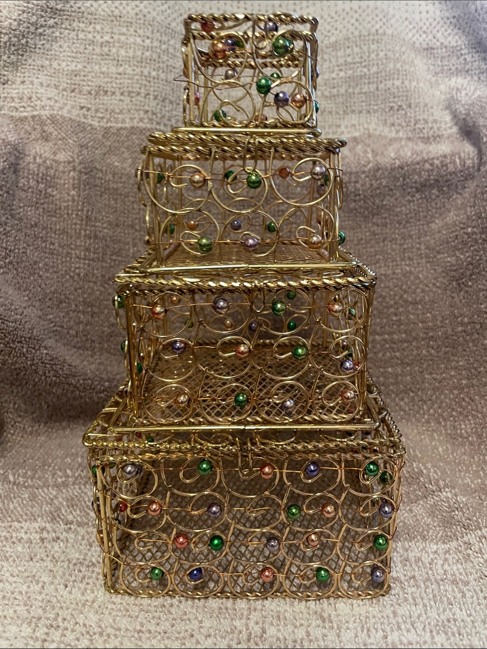 Gold Filigree Nesting Boxes with Multicolor Bead Accents